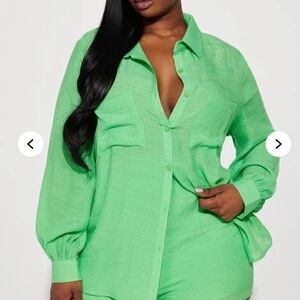 Fashion Nova Set Women's Green Button-Up Blouse and Short Set